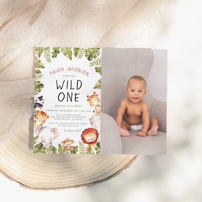 Carte Postale Wild One Animals & Leaves Boy Photo Birthday Party (Créateur téléchargé)