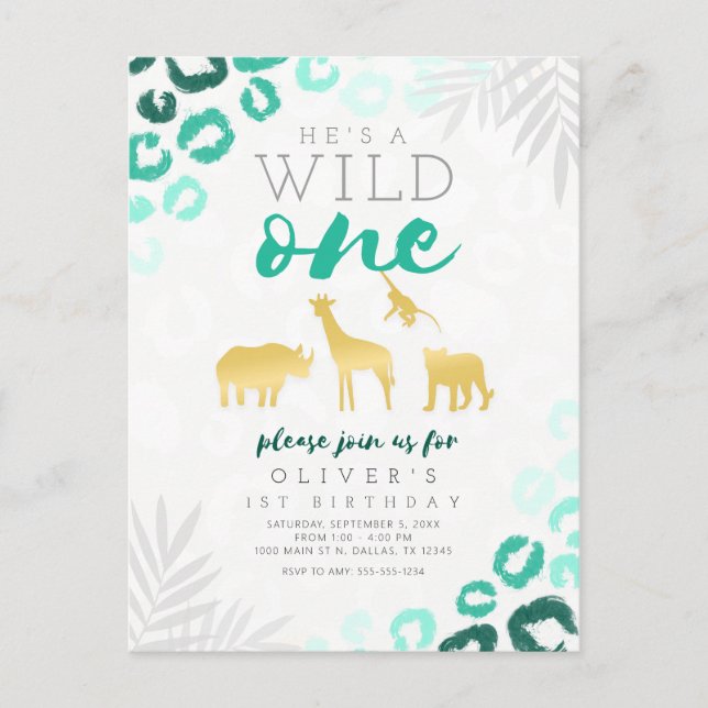Carte Postale Wild One Safari Blue et Gold Leopard 1er anniversa (Devant)