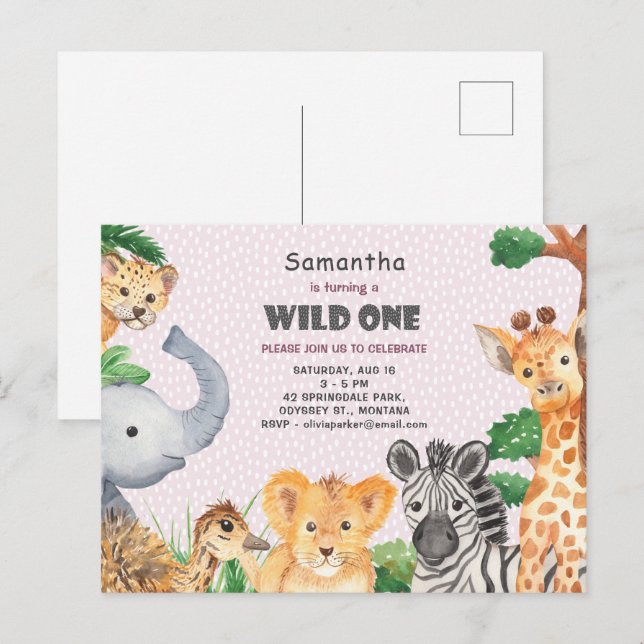 Carte Postale Wild One Tropical Jungle Camp 1er Anniversaire Inv (Devant / Derrière)