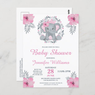Carte Postale Wild Safari rose Floral Elephant Baby shower Invit