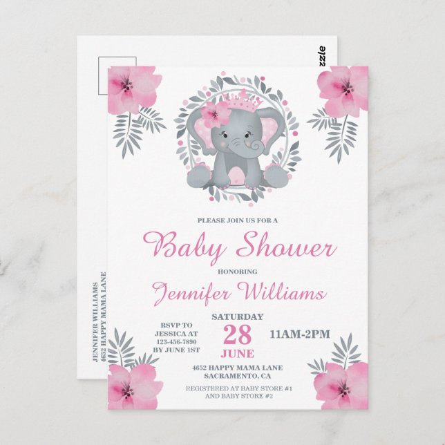 Carte Postale Wild Safari rose Floral Elephant Baby shower Invit (Devant / Derrière)
