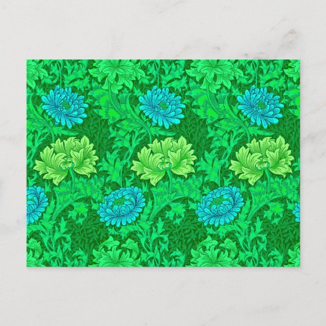 Carte Postale William Morris Chrysanthemums, Lime Green & Aqua (Devant)