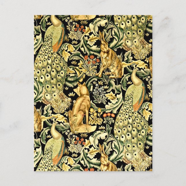 Carte Postale William Morris Forêt Tapisserie Fox Hare Peacock (Devant)