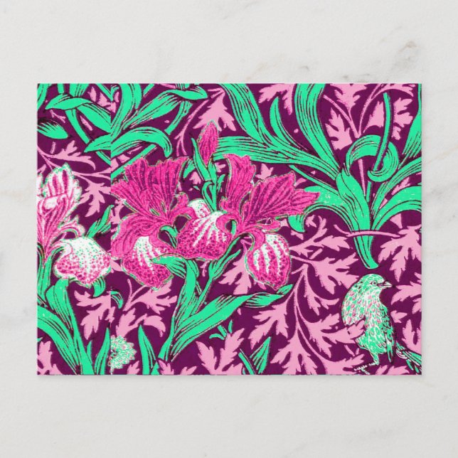 Carte Postale William Morris Irises, Fuchsia Pink and Wine (Devant)