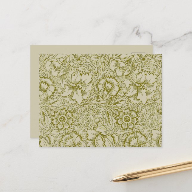Carte Postale William Morris Poppy Classic Floral Green (Devant/Arrière en situation)