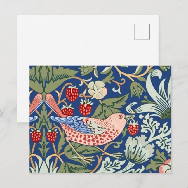 Carte Postale William Morris Strawberry Thief Marine Corail (Devant / Derrière)