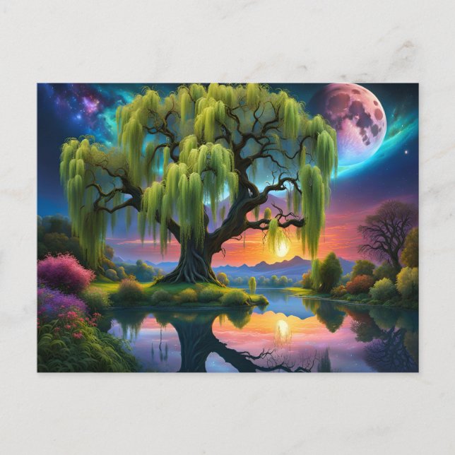 Carte Postale Willow tree under Pleine lune N Starry ciel Sunset (Devant)