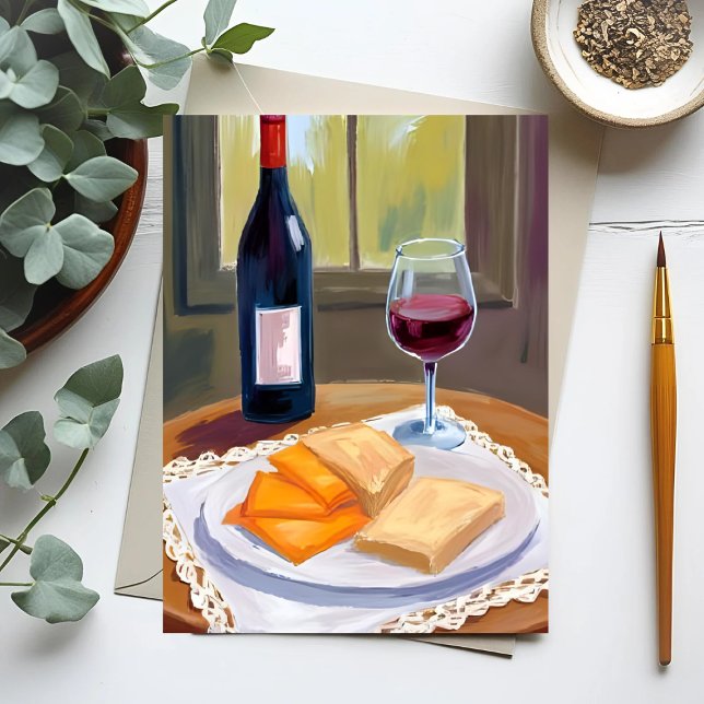 Carte Postale Wine and Cheese | Watercolor Painting (Créateur téléchargé)