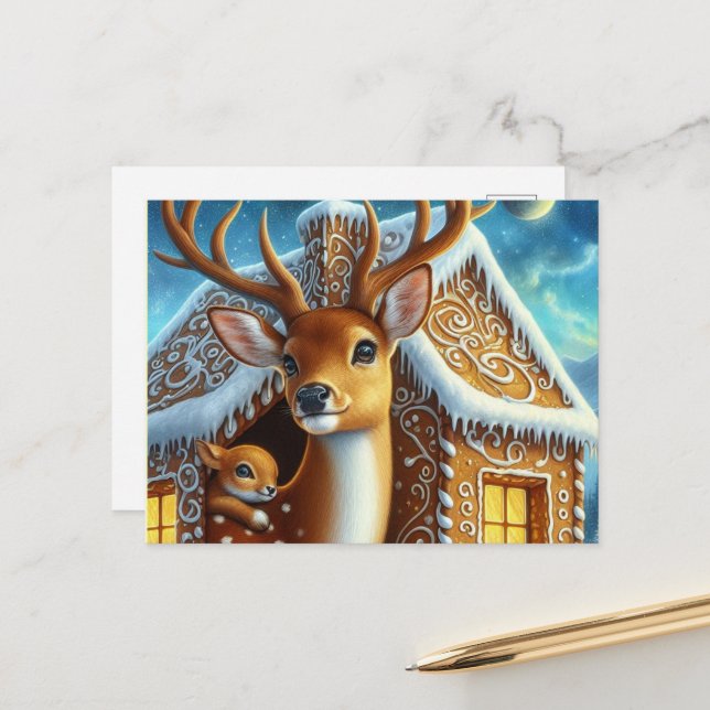 Carte Postale  Winter Deer Family in Gingerbread House Postcard (Devant/Arrière en situation)