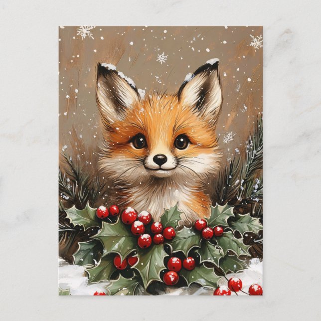 Carte Postale Winter Fox with Holly and Snowy Pine (Devant)
