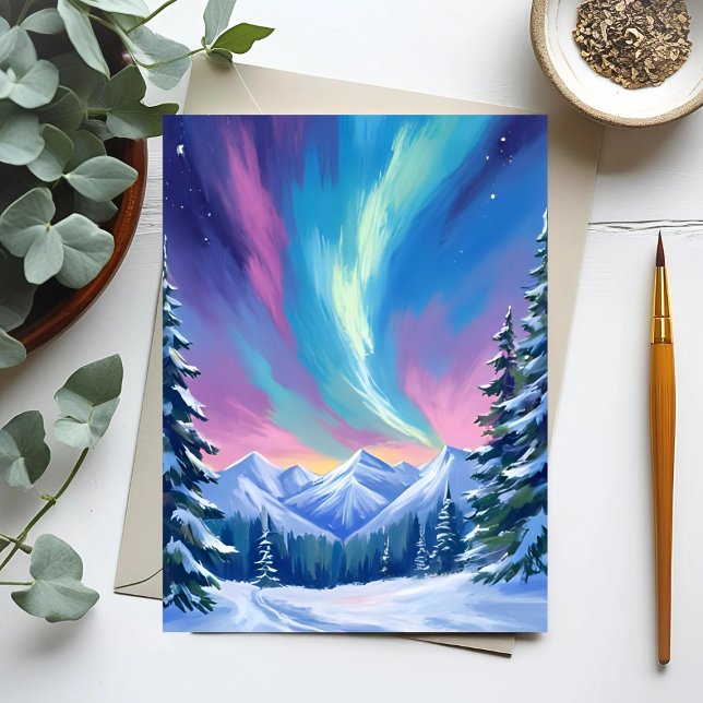 Carte Postale Winter Night Northern Lights Watercolor Mountain (Créateur téléchargé)