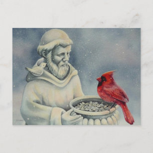 Carte Postale Winter Red Cardinal Bird St Francis Aquarelle Art