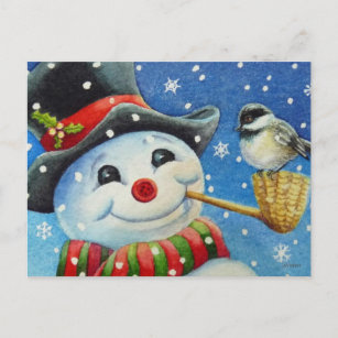 Carte Postale Winter Snowman et Chickadee Bird Aquarelle Art