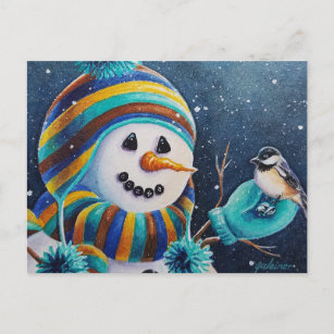 Carte Postale Winter Snowman nourrit Chickadee Bird Aquarelle Ar