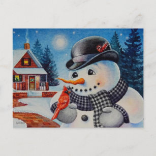 Carte Postale Winter Snowman & Red Cardinal Bird Aquarelle Art