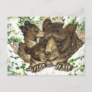 Carte Postale Winter Wildlife Art Black Bear Mère et petits