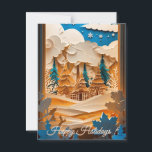 Carte Postale Winter Wonderland Salutation<br><div class="desc">Cette carte de Noël enchanteresse présente une scène hivernale en papier découpé, avec des collines enneigées, de grands verdures et un cabine douillet niché sous des nuages dérigeants et des flocons de neige tombants. Le riche mélange de tons dorés, de blancs glacés et de ciel bleu profond crée une atmosphère...</div>