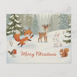 Carte Postale Winter Woodland Merry Christmas Forest Animals