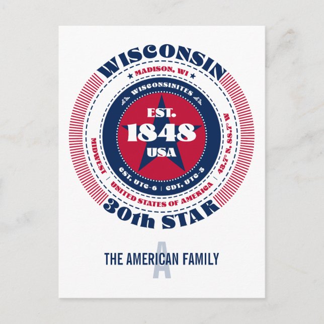 Carte Postale Wisconsin, Madison, WI, Patriotique, Monogramme (Devant)