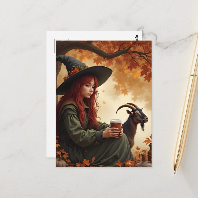 Carte Postale Witch and Pet Goat in Autumn (Devant/Arrière en situation)