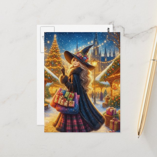 Carte Postale  Witch Doing Her Yule Shopping in the City (Devant/Arrière en situation)
