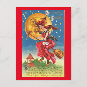 Carte Postale Witch et Son Broomstick Halloween Vintage