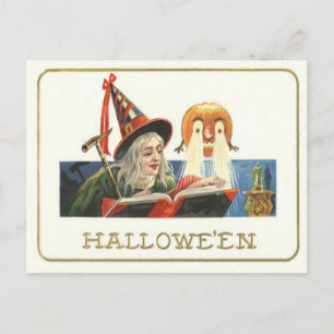 Carte Postale Witch Reading Jack-o'-lantern Citrouille
