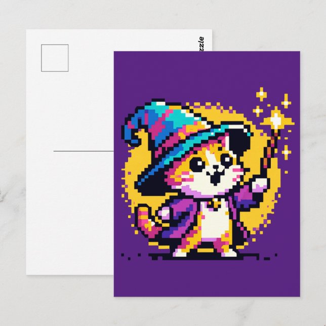 Carte Postale Wizard Cat - Art magique Pixel Design Imaginaire (Devant / Derrière)