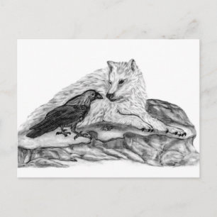 Carte Postale Wolf and Raven black and white design