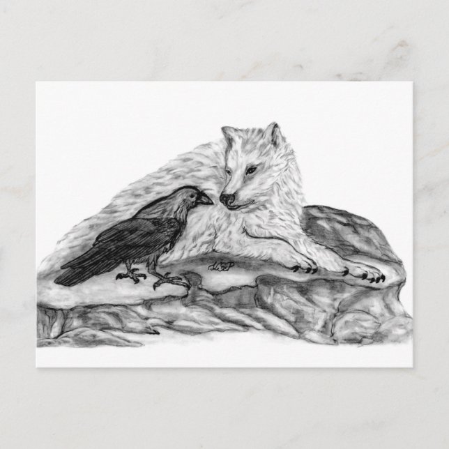 Carte Postale Wolf and Raven black and white design (Devant)