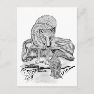 Carte Postale Wolf and Raven black and white design