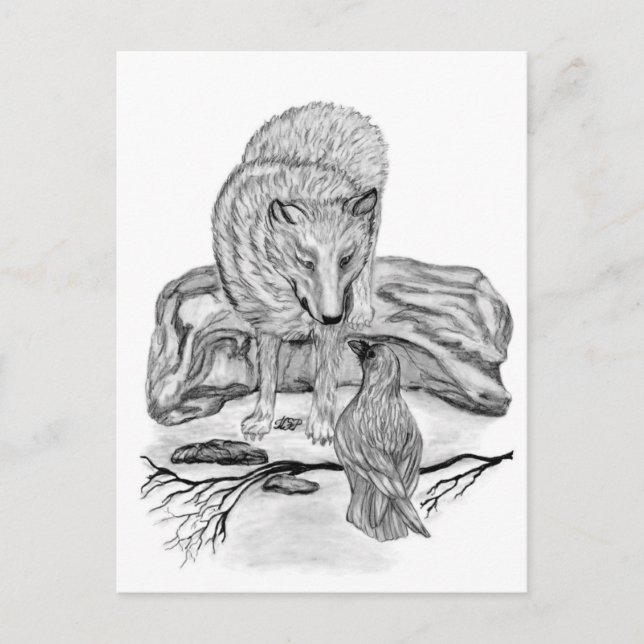 Carte Postale Wolf and Raven black and white design (Devant)
