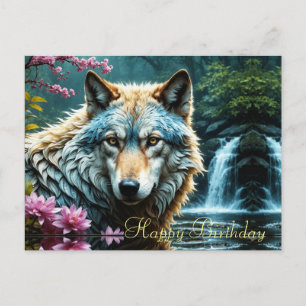 Carte Postale Wolf debout dans la rivière avec des fleurs Annive