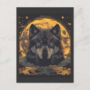 Carte postale Wolf Design avec pleine lune étoiles