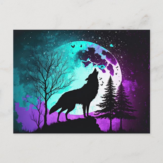 Carte Postale Wolf Howling à la lune Galaxy Stars Animal (Devant)
