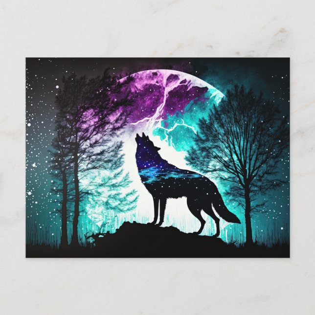 Carte Postale Wolf Howling à la lune Galaxy Stars Animal (Devant)