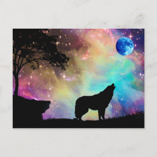 Carte Postale Wolf Howling à la lune Galaxy Stars Animal