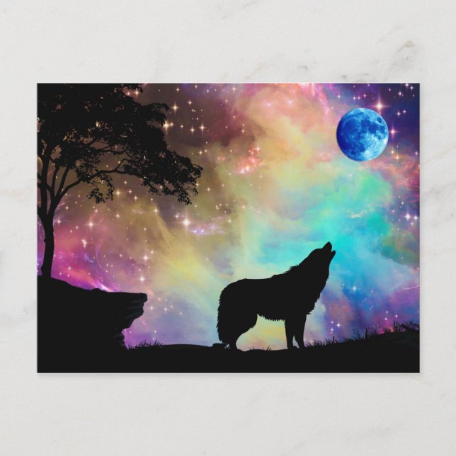 Carte Postale Wolf Howling à la lune Galaxy Stars Animal (Devant)