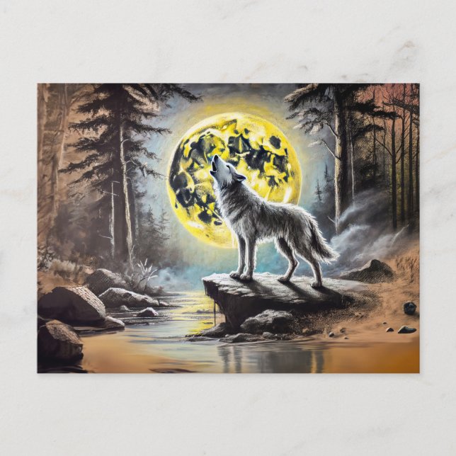 Carte Postale Wolf Howling à la Pleine lune (Devant)
