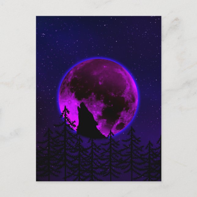 CARTE POSTALE WOLF HOWLING LUNE MAGENTA (Devant)