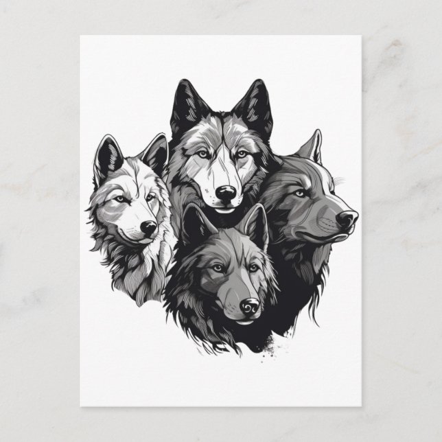 Carte Postale Wolf Pack Graphisme tribal Loups noirs et blancs (Devant)