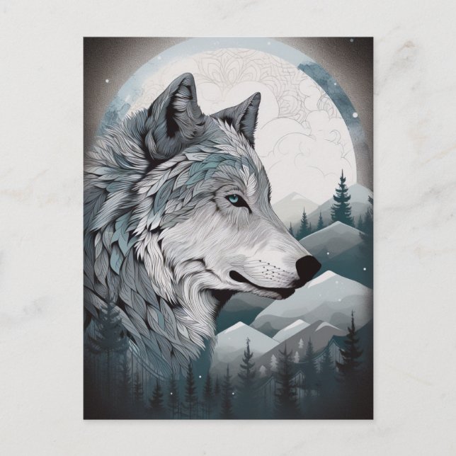 Carte Postale Wolf Pleine lune Mountains Imaginaire Art (Devant)
