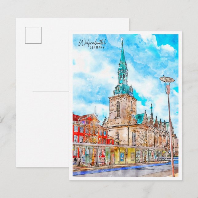 Carte Postale Wolfenbuttel Allemagne vintage voyage aquarelle (Devant / Derrière)