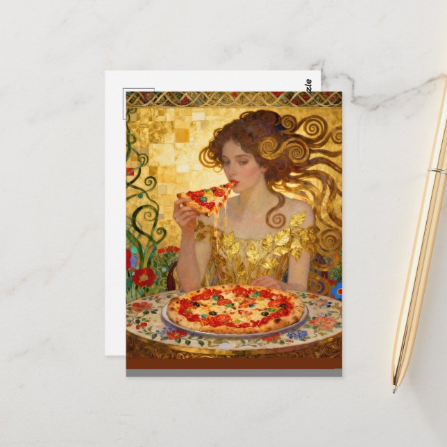 Carte Postale Woman Eating Pizza Faux Klimt Art (Devant/Arrière en situation)