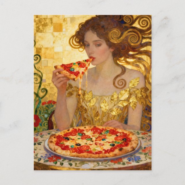 Carte Postale Woman Eating Pizza Faux Klimt Art (Devant)
