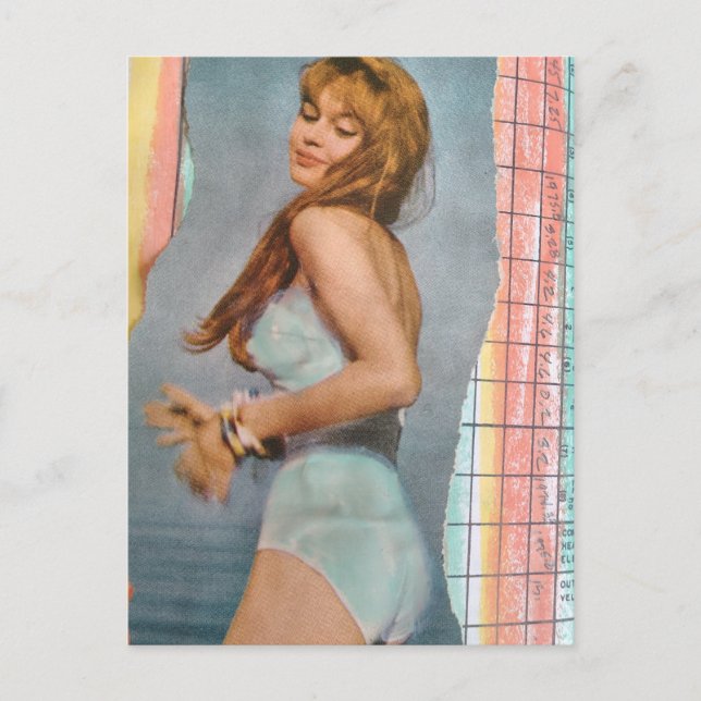 Carte Postale Woman in 1957 on the beach mixed media collage (Devant)