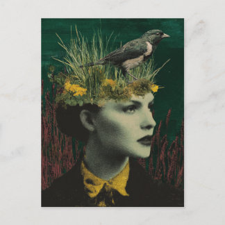 Carte Postale Woman With Bird on Her Head Mixed Media Collage