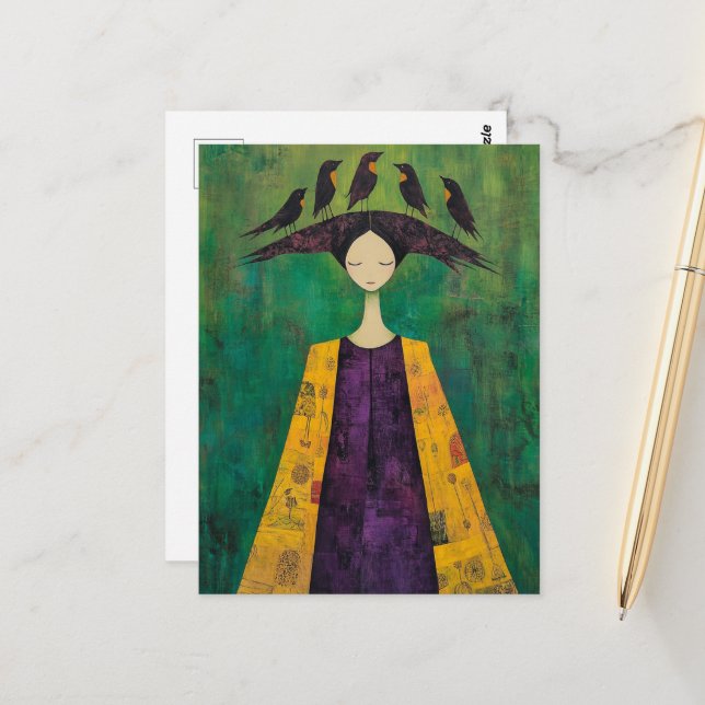 Carte Postale Woman With Birds on Her Head  (Devant/Arrière en situation)