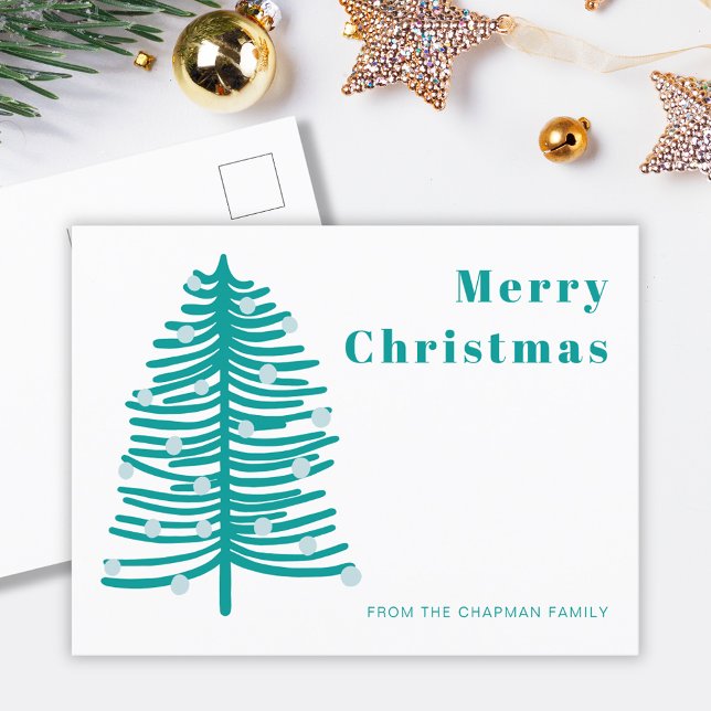 Carte postale Woodland Christmas Tree Family Holid (Personalized family holiday Christmas tree postcard.  Customize with your own Holiday text)