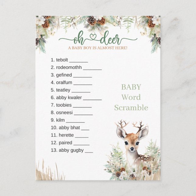Carte Postale Woodland Deer Baby shower Jeu de garçon (Devant)